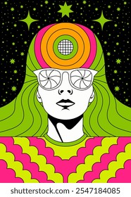 Retro Psychedelic Portrait with Vibrant Neon Colors and Futuristic Style