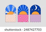 Retro Psychedelic Poster in 60s Style. Vector Trippy Illustration of Morning, Day and Night. Vintage Abstract Clipart of Rays, Sun, Stars, Clouds and Wavy Patterns