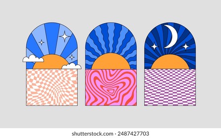 Retro Psychedelic Poster in 60s Style. Vector Trippy Illustration of Morning, Day and Night. Vintage Abstract Clipart of Rays, Sun, Stars, Clouds and Wavy Patterns