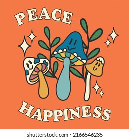 Retro psychedelic poster from the 70s 60s. Summer plants and clockwork mushrooms. Bright vintage vector illustration. Boho hippie style, cartoon.