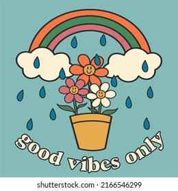 Retro psychedelic poster from the 70s 60s. Daisies with faces under rainbow and rain. Bright vintage vector illustration. Boho hippie style, cartoon.