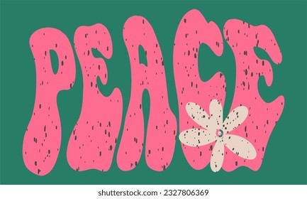 Retro psychedelic poster from the 70s 60s. Peace. Floating funky text and flowers. Bright vintage vector illustration. Boho hippie style, cartoon.