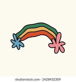 Retro psychedelic poster from the 70s 60s. Daisies with faces under rainbow and rain. Bright vintage vector illustration. Boho hippie style, cartoon.