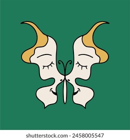 Retro psychedelic poster from the 70s-60s. Cute butterfly with people's faces. Bright vintage vector illustration. Hippie Boho style, cartoon.