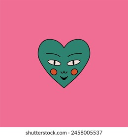 Retro psychedelic poster from the 70s-60s. Heart with a face. Bright vintage vector illustration. Hippie Boho style, cartoon.