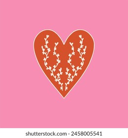 Retro psychedelic poster from the 70s-60s. Red heart with flowers. Bright vintage vector illustration. Hippie Boho style, cartoon.