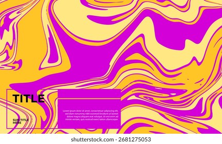 Plantilla de póster psicodélico retro con un fondo de mármol líquido audaz. Diseño vibrante en rosa magenta y amarillo para un volante de eventos al estilo de los años 70