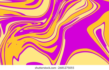 Retro psychedelische Postervorlage mit einem fetten flüssigen Marmorhintergrund. Lebhaftes Layout-Design in magenta-rosa und gelb für einen Event-Flyer im Stil der 70er Jahre