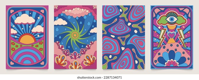Retro psychedelic posters. Abstract 1970s hippie collage banner, colorful 70s banners with floral geometric shapes. Vector acid hippie flyer collection of psychedelic poster and card illustration