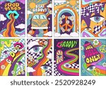 Retro psychedelic posters. Good 70s vibes and stay groovy stickers with abstract rainbows, hippie van, peace sign and nostalgic pop art vector background illustrations set.