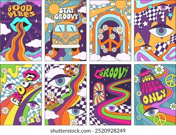 Retro psychedelic posters. Good 70s vibes and stay groovy stickers with abstract rainbows, hippie van, peace sign and nostalgic pop art vector background illustrations set.