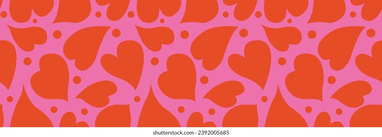 Retro psychedelic romantic background print. Melting red love heart seamless pattern illustration. Valentine's day holiday backdrop texture, liquid romantic shape wedding wallpaper design. Vector 