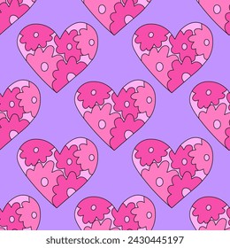 retro psychedelic seamless pattern -hearts and valentines for February 14th.Funky and groovy heart shapes ornaments.Hippie rainbow backgrounds only good vibes.valentine's day 1970-1980