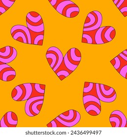 retro psychedelic seamless pattern -hearts and valentines for February 14th.Funky and groovy heart shapes ornaments.Hippie rainbow backgrounds only good vibes.valentine's day 1970-1980