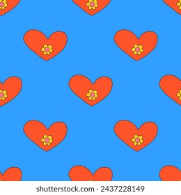 retro psychedelic seamless pattern -hearts and valentines for February 14th.Funky and groovy heart shapes ornaments.Hippie rainbow backgrounds only good vibes.valentine's day 1970-1980