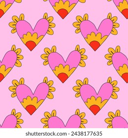 retro psychedelic seamless pattern -hearts and valentines for February 14th.Funky and groovy heart shapes ornaments.Hippie rainbow backgrounds only good vibes.valentine's day 1970-1980