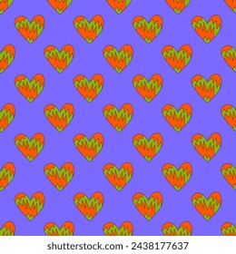 retro psychedelic seamless pattern -hearts and valentines for February 14th.Funky and groovy heart shapes ornaments.Hippie rainbow backgrounds only good vibes.valentine's day 1970-1980