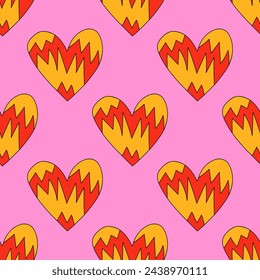 retro psychedelic seamless pattern -hearts and valentines for February 14th.Funky and groovy heart shapes ornaments.Hippie rainbow backgrounds only good vibes.valentine's day 1970-1980