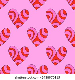 retro psychedelic seamless pattern -hearts and valentines for February 14th.Funky and groovy heart shapes ornaments.Hippie rainbow backgrounds only good vibes.valentine's day 1970-1980