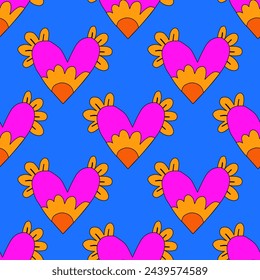 retro psychedelic seamless pattern -hearts and valentines for February 14th.Funky and groovy heart shapes ornaments.Hippie rainbow backgrounds only good vibes.valentine's day 1970-1980