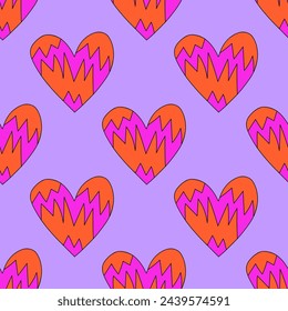 retro psychedelic seamless pattern -hearts and valentines for February 14th.Funky and groovy heart shapes ornaments.Hippie rainbow backgrounds only good vibes.valentine's day 1970-1980