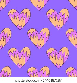 retro psychedelic seamless pattern -hearts and valentines for February 14th.Funky and groovy heart shapes ornaments.Hippie rainbow backgrounds only good vibes.valentine's day 1970-1980