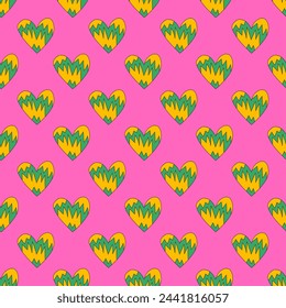 retro psychedelic seamless pattern -hearts and valentines for February 14th.Funky and groovy heart shapes ornaments.Hippie rainbow backgrounds only good vibes.valentine's day 1970-1980