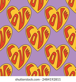 retro psychedelic seamless pattern -hearts and valentines for February 14th.Funky and groovy heart shapes ornaments.Hippie rainbow backgrounds only good vibes.valentine's day 1970-1980