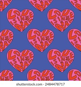 retro psychedelic seamless pattern -hearts and valentines for February 14th.Funky and groovy heart shapes ornaments.Hippie rainbow backgrounds only good vibes.valentine's day 1970-1980