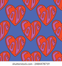 retro psychedelic seamless pattern -hearts and valentines for February 14th.Funky and groovy heart shapes ornaments.Hippie rainbow backgrounds only good vibes.valentine's day 1970-1980