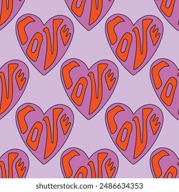 retro psychedelic seamless pattern -hearts and valentines for February 14th.Funky and groovy heart shapes ornaments.Hippie rainbow backgrounds only good vibes.valentine's day 1970-1980