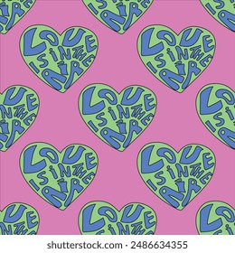 retro psychedelic seamless pattern -hearts and valentines for February 14th.Funky and groovy heart shapes ornaments.Hippie rainbow backgrounds only good vibes.valentine's day 1970-1980