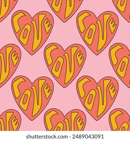 retro psychedelic seamless pattern -hearts and valentines for February 14th.Funky and groovy heart shapes ornaments.Hippie rainbow backgrounds only good vibes.valentine's day 1970-1980