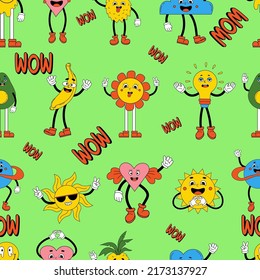 Retro psychedelic seamless patterns, groovy backgrounds. Vector hippy pattern with 70s, 80s vibes groovy elements funny comic characters, gloved hands. Cartoon funky heart, sun, earth, avocado