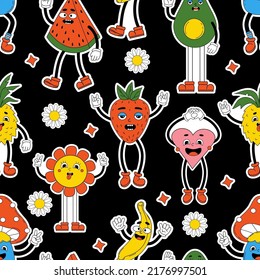 Retro psychedelic seamless patterns, groovy backgrounds. Vector hippy pattern with 70s, 80s vibes groovy elements funny comic cartoon characters with faces, gloved hands and feet on black background