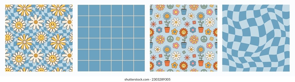 Retro psychedelic set 60s 70s vector seamless patterns, groovy hippie style background. Cartoon print with flowers and mushrooms, set in hippie style. Psychedelic chess board