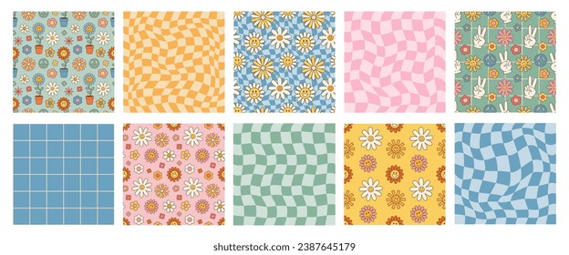 Retro psychedelic set 60s 70s vector seamless patterns, groovy hippie style background. Cartoon print with flowers, checkerboard