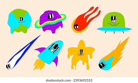 Retro psychedelic space funny cartoon character set. Cosmic graphic hand drawn objects. 