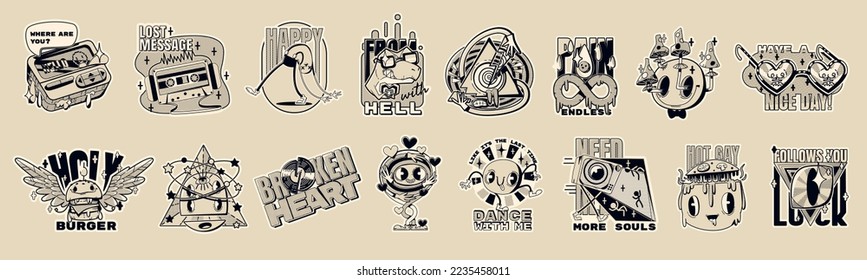 Pegatinas psicodélicas retro, parches cómicos abstractos y emoji al estilo y2k. Iconos monocromos con hongos, caras sonrientes, cassette vintage, paginador, dinosaurio y hamburguesa, conjunto de dibujos vectoriales