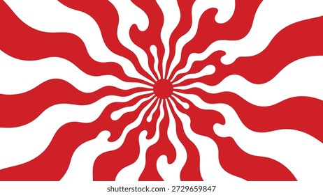 Retro Psychedelic Sunburst Background with Wavy Red and White Sun Rays