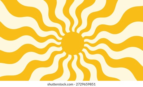 Retro Psychedelic Sunburst Background with Wavy Golden Yellow Rays