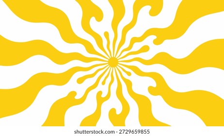 Retro Psychedelic Sunburst Background with Wavy Yellow and White Sun Rays