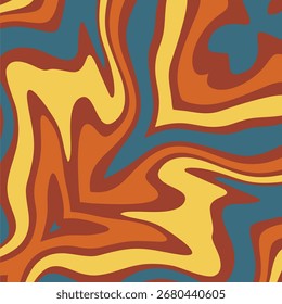 A Retro Psychedelic Swirl Pattern Featuring Warm Earthy Tones of Orange Brown and Yellow Interspersed with a Cool Teal Blue Background for Graphic Design Applications.