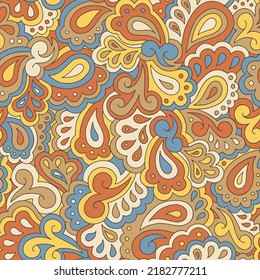 Retro Psychedelic Swirls and Paisleys Vector Seamless Pattern. Nostalgic Vintage Print. Summer Groovy Textile Design. FlowerPower Hippie Background