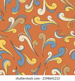 Retro Psychedelic Swirls Vector Seamless Pattern. Nostalgic Vintage Print. Groovy Textile Design. Flower Power Hippie Background
