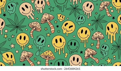 Retro Psychedelic Trip Featuring Mushrooms and Melting Smiley Faces on Green Background