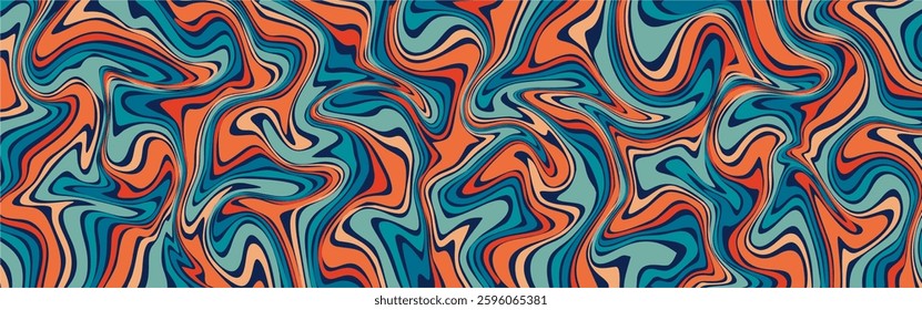 A retro, psychedelic vector background featuring fluid, wavy, and abstract patterns in bold orange, teal, navy blue, and cream colors.