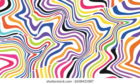 Retro psychedelic vector illustration with abstract flowing waves in vibrant red, yellow, and colorful tones, horizontal and vertical format inspired by 60s 70s vintage design