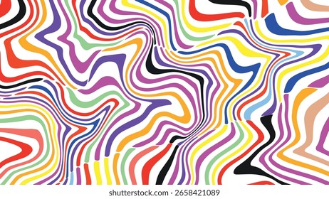 Retro psychedelic vector illustration with abstract flowing waves in vibrant red, yellow, and colorful tones, horizontal and vertical format inspired by 60s 70s vintage design