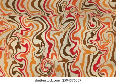 Retro psychedelic wavy pattern with a warm color palette of red, orange, and brown. A mesmerizing, fluid abstract background perfect for vintage and groovy designs.